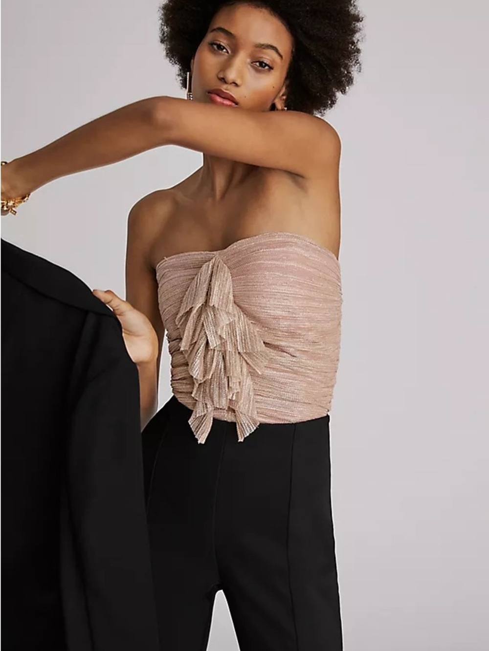 Maeve Blush Pink Metallic Strapless Ruffle Tube Top